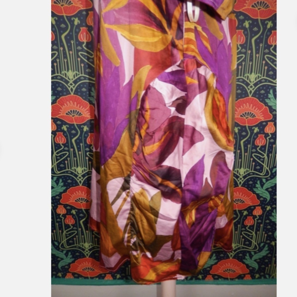 Farm Rio Anthropologie Puff Sleeve Square Neck Purple Green Mini Dress XL Nwt - Picture 6 of 9